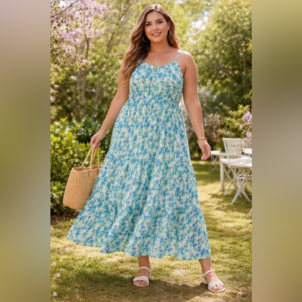 Ninexis Blue Green Floral Tiered Maxi Dress 3X Plus Size Boho